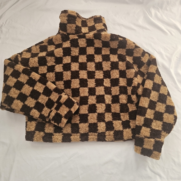 Lulus On My Checklist Tan and Brown Checkered Cropped Teddy Jacket - Picture 9 of 15